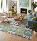 8x10 Hand Knotted White, Blue and Rust Modern Tribal Style Recycled Silk Area Rug