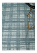 8x10 Hand Made Checkered Ivory and Blue Blended Wool Flatwoven Area Rug