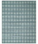 8x10 Hand Made Checkered Ivory and Blue Blended Wool Flatwoven Area Rug