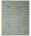 8x10 Hand Made Modern Stripes Camel and Silver Blended Wool Flatwoven Area Rug