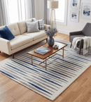 8x10 Hand Tufted White, Blue and Camel Modern Stripe Wool Area Rug