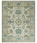 8x10 Ivory, Beige and Teal Hand Knotted Traditional Oushak Wool Area Rug | TRDCP1165810