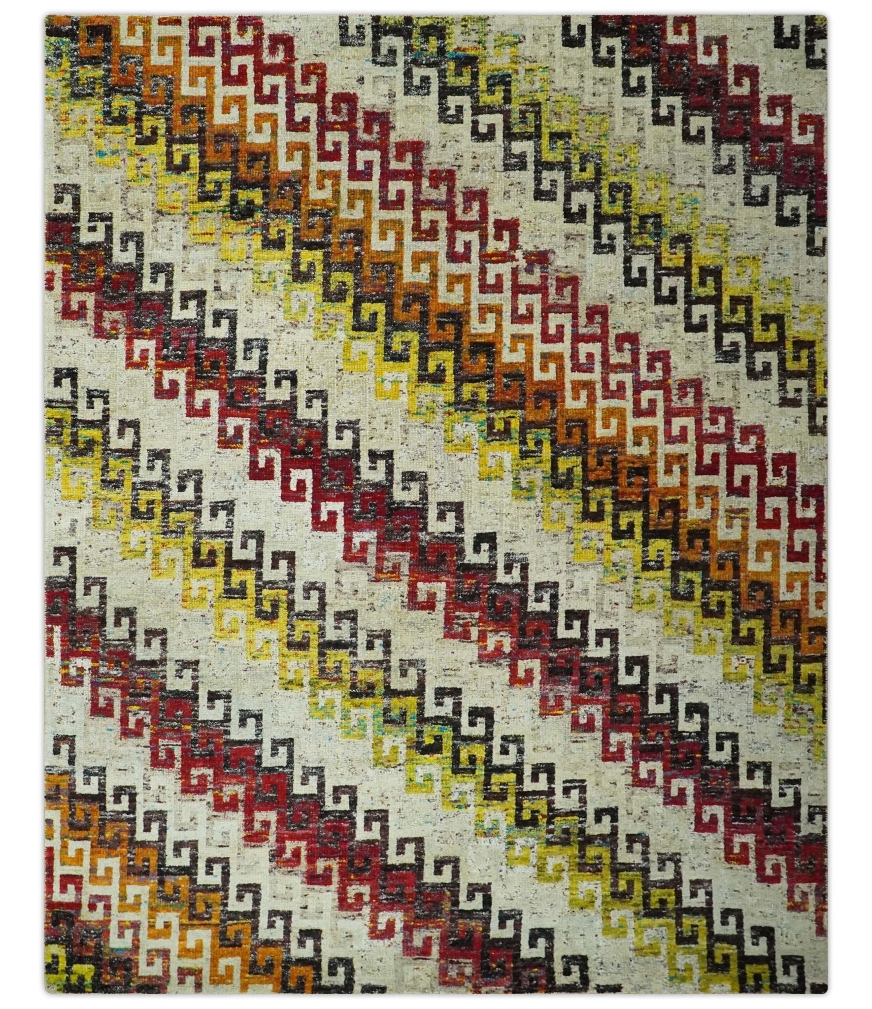 8x10 Ivory, Maroon, Black and Mustard Greek key design Hand Knotted wo