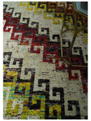 8x10 Ivory, Maroon, Black and Mustard Greek key design Hand Knotted wool area rug