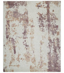 8x10 Ivory, Peach and Maroon Hand Carved Modern Abstract Hand Loomed Blended wool and Art silk Area Rug