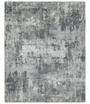 8x10 Ivory, Silver and Charcoal Modern Abstract Hand Loomed Blended wool and Art silk Area Rug