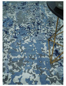 8x10 Ivory, Silver, Blue and Blue Modern Abstract Hand Knotted Wool and Bamboo Silk Area Rug