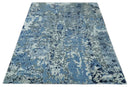 8x10 Ivory, Silver, Blue and Blue Modern Abstract Hand Knotted Wool and Bamboo Silk Area Rug