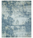 8x10 Ivory, Teal and Beige Modern Abstract Hand Loomed Blended wool and Art silk Area Rug
