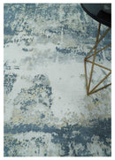 8x10 Ivory, Teal and Beige Modern Abstract Hand Loomed Blended wool and Art silk Area Rug