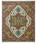 8x10 Olive, Rust and Ivory Heriz Serapi Traditional Vintage Antique Hand Knotted Wool Area Rug | TRDCP1363810