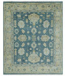 8x10 Teal and Beige Hand Knotted Heriz Serapi Floral Area Rug | TRDCP1185810