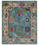 8x10 Traditional Blue and Ivory Vibrant colorful Hand knotted oushak wool area rug