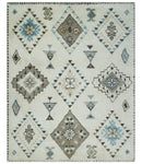 8x10 Tribal Design Ivory, Brown and Blue Traditional Hand Knotted Wool Area Rug