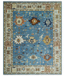 8x10 Wool Traditional Persian Blue and Ivory Colorful Hand knotted Oushak Area Rug | TRDCP1064810