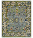 8x10 wool Vibrant Colorful Silver, Green and Light Peach Hand knotted Oushak Area Rug