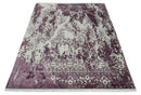 8x11 Beige and Dark Purple Modern Abstract Hand Knotted Wool Area Rug