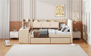 Twin Size Upholstered Daybed with Drawers, Shelves, Flip Cabinets & Side Table (Beige)