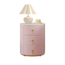Upholstered Nightstand with 3 Drawers, Round Bedside Table with Metal Handles,Marbling Stickers Top Night Table for Bedroom, Fully Assembled Except Handles, Pink