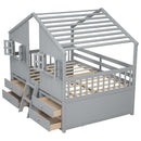 Full Size House Loft Bed with Roof, Windows,4 Storage Drawers,Pine Wooden Bed with Safety Guardrails,Ladder,Grey