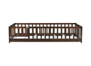 Twin Size Floor Bed with Fence and Door,Rubber Wood Floor Bed with Safety Guardrails,Espresso