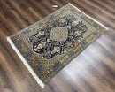 Fine Persian Qum Rug 3x5, Semi Antique Vintage Oriental Ghom Carpet, Floral Medallion, Highly Detailed, Hand Knotted, Navy Blue, Wool Area Rug, Birds