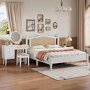 3 Pieces Bedroom Set with Queen Size Wooden Bed Frame, 1 Vintage  Nightstand and 1 Makeup Vanity Set with Stool,White