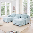 Elegant Sky Blue Three-Seater Sofa with Ottomans and Lumbar Pillow, Chenille Fabric, High-Resilience Sponge, Wooden Base