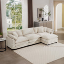 Classic & Modern Sectional Sofa with Ottoman - Light Beige Corduroy Upholstered 3-Seat Couch for Living Room