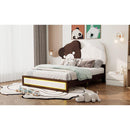 Full Size Upholstered Platform Bed with Bear Shaped Headboard, LED Light Strips, White + Brown
