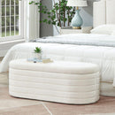 Modern Oval Storage Ottoman Bench, Upholstered Boucle Teddy Fabric End of Bed Bench with Storage, End of Bed Stool with Safety Hinge for Bedroom, Living Room, Entryway, White
