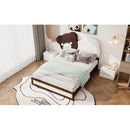 Full Size Upholstered Platform Bed with Bear Shaped Headboard, LED Light Strips, White + Brown