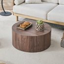 Simple Deep Walnut Cylindrical Coffee Table, MDF, 27.5-Inch Diameter x 12-Inch Height, Industrial/Minimalist Style.