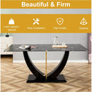 Black Marble Pattern Tempered Glass Dining Set - 71'x35.4' with 8 White and dark gray spliced PU Chairs With a Widened Backrest Design.