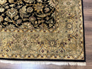 Indo Persian Rug 8x10, Black and Green, Wool, Handmade, Traditional, Floral Allover, Vintage