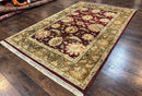 Indo Mahal Rug 6x9, Large Flowers Allover, Maroon and Green, Handmade Wool Area Rug, Vintage Rug, Indian Oriental Carpet, Hand Knotted Rug