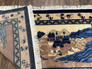 Antique Chinese Pictorial Rug 2.7 x 5, Chinese Village and Hills Carpet, Beige and Dark Blue, Handmade, Horizontal Rug Wall Hanging Tapestry