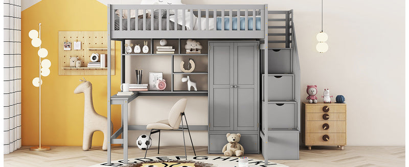 Full size Loft Bed with Bookshelf,Drawers,Desk,and Wardrobe-Gray