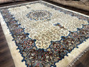 Persian Kashan Rug 9 x 12.6, Ivory and Blue, Floral Medallion, Wool Hand Knotted Semi Antique Carpet