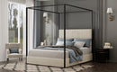 Modern Luxury Metal Canopy Bed with Tall Corduroy Upholstered Headboard, No Box Spring Needed, Queen, White