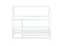 Twin Size House Floor Wooden Bed with Roof Frame,Safety Guardrails,White