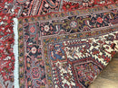 Large Persian Heriz Rug 10x13, Wool Hand Knotted Antique Carpet, Red and Ivory, Geometric Tribal Room Sized Rug, Decorative Oriental Rug