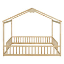Double Twin House-Style Floor Bed with Fence, Guardrails, without door, Natural(Old Sku:W504P143318)