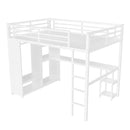 Queen Size Loft Bed Frame with Built-in Wardrobe, Metal Loft Bed with Desk and Storage Shelves, White