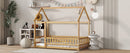 Twin Size House Floor Wooden Bed with Roof Frame,Safety Guardrails,Natural