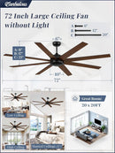 72 Inch Black Ceiling Fan With Remote DC Motor For Indoor Outdoor
