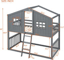 Gray Twin Over Twin House Bunk Bed With Roof For Kids