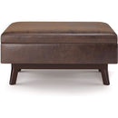 Mid Century Storage Ottoman 36W Chestnut Faux Leather