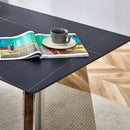Table and chair set.63'x31.5x30' Black Marble-Patterned Slabs Tabletop with Stainless Steel Butterfly Legs.Paired with 4 white PU dining chairs with a vertical stripe design on the backrest.
