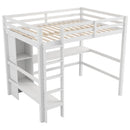 Full Size Loft Bed with Multifunction Shelves and Under-bed Desk, White